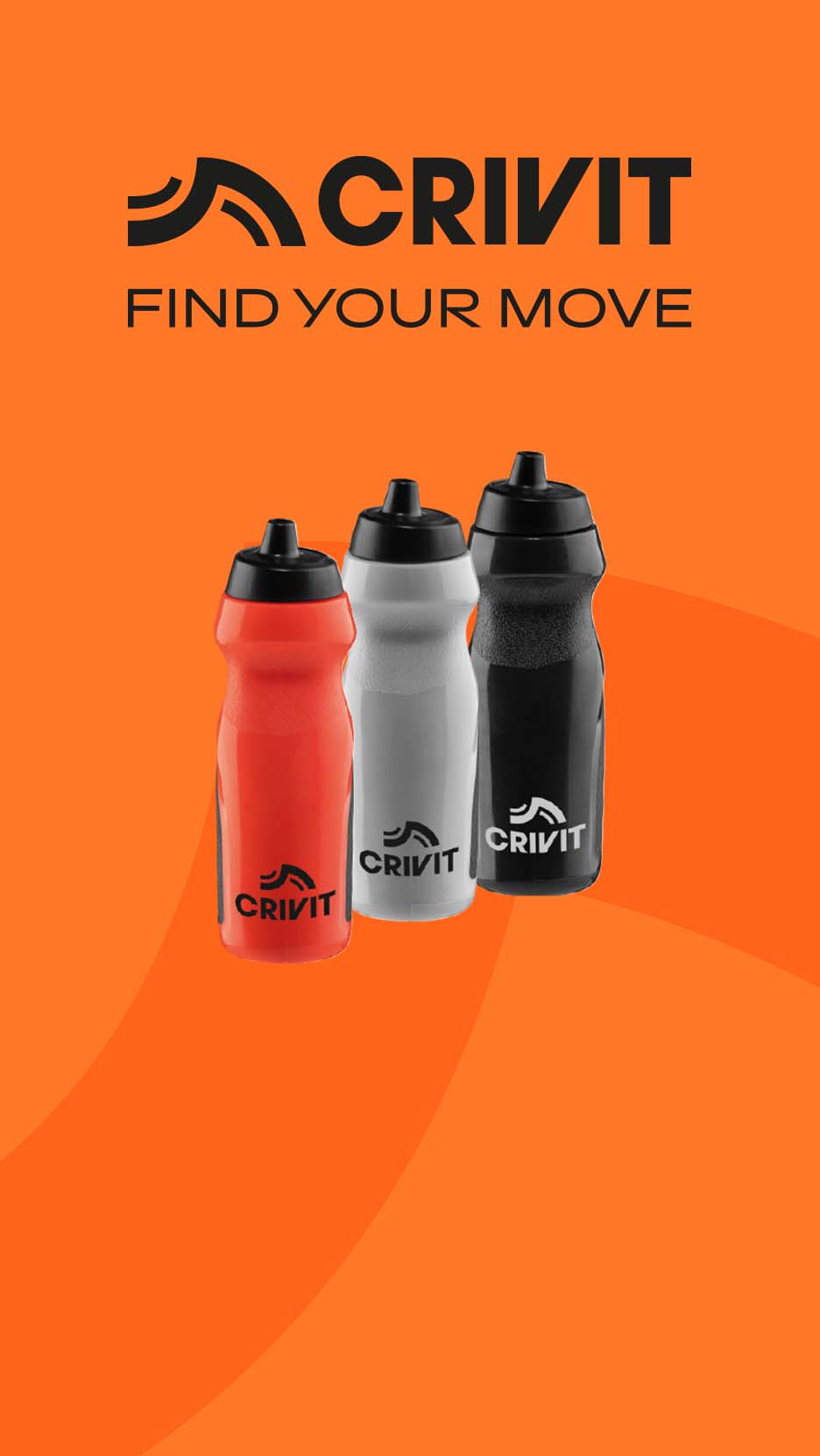 Three sports water bottles in red, white, and black, with the text 'FIND YOUR MOVE'.