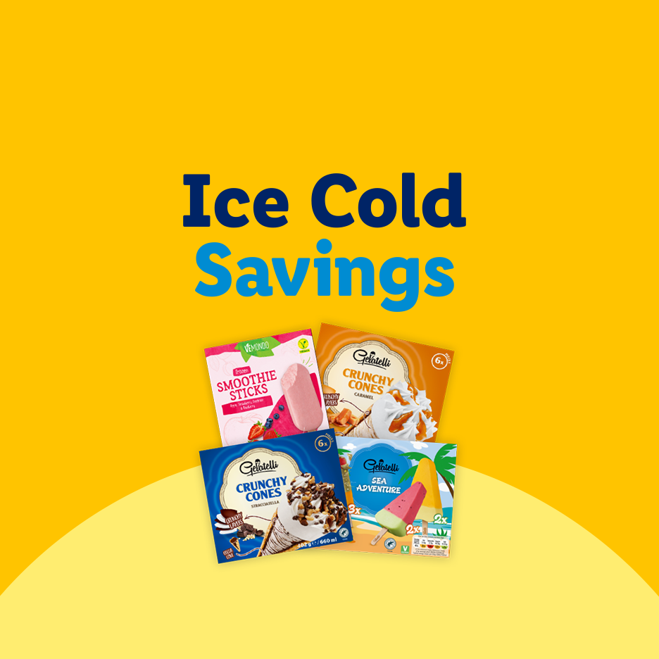 Ice cream cones, smoothie sticks, and sea adventure popsicles with text 'Ice Cold Savings'.