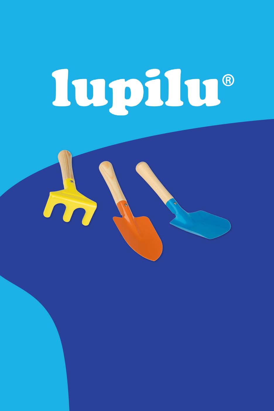 Three colorful sand toys: a yellow rake, an orange shovel, and a blue shovel.