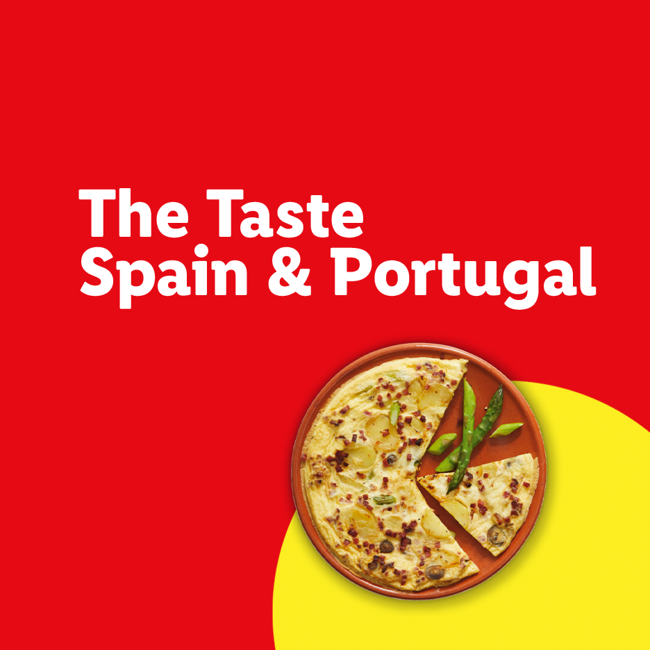 Spanish tortilla with asparagus and bacon, with text 'The Taste Spain & Portugal'