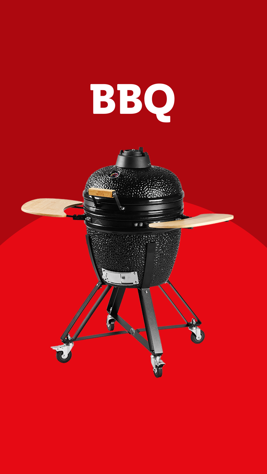 Black ceramic BBQ grill with wooden side shelves on a red background, with the text 'BBQ'.