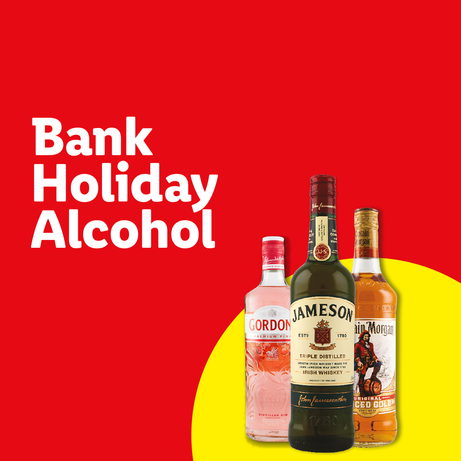 Bank Holiday Alcohol: a pink gin, an Irish whiskey, and a spiced golden spirit bottle on a red and yellow background.