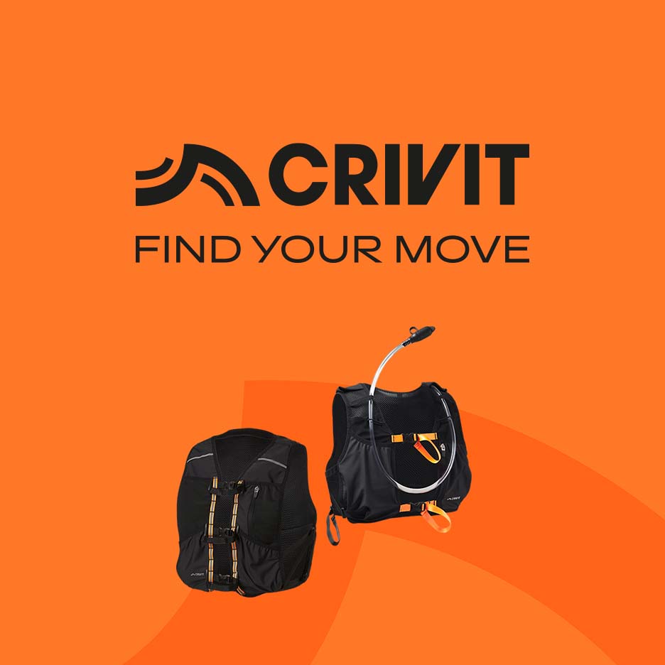 Two black hydration vests on an orange background with the text 'FIND YOUR MOVE'.