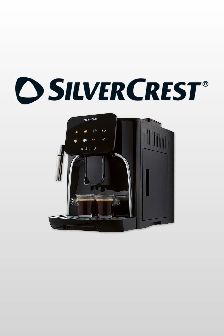 Black automatic coffee machine with a digital display, brewing two cups of espresso.