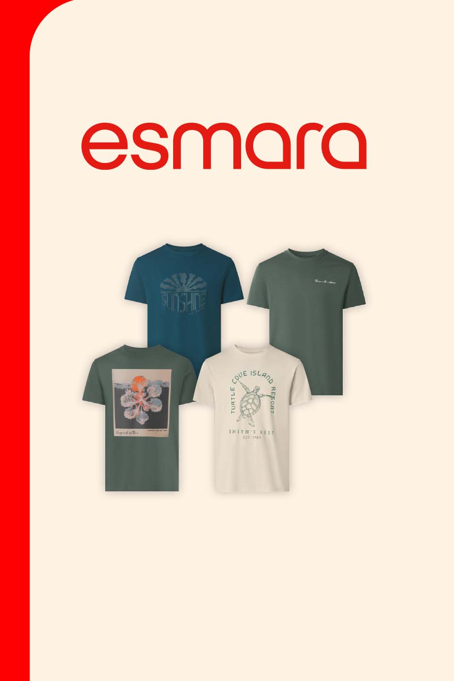 Four men's t-shirts in various colors and designs, including a turtle and floral print.