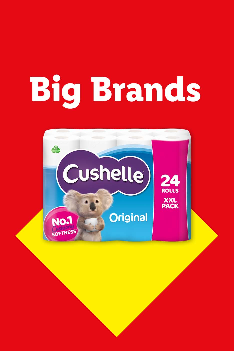 Toilet paper 24-roll pack with a koala, labeled 'No.1 Softness' and 'Original'.