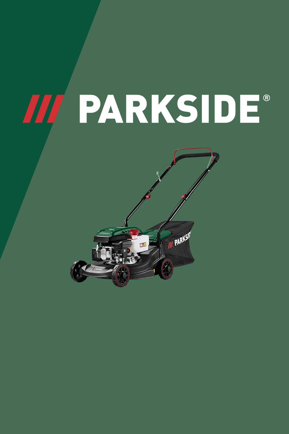 A green and black lawnmower with a grass collection bag, set against a two-tone green background.
