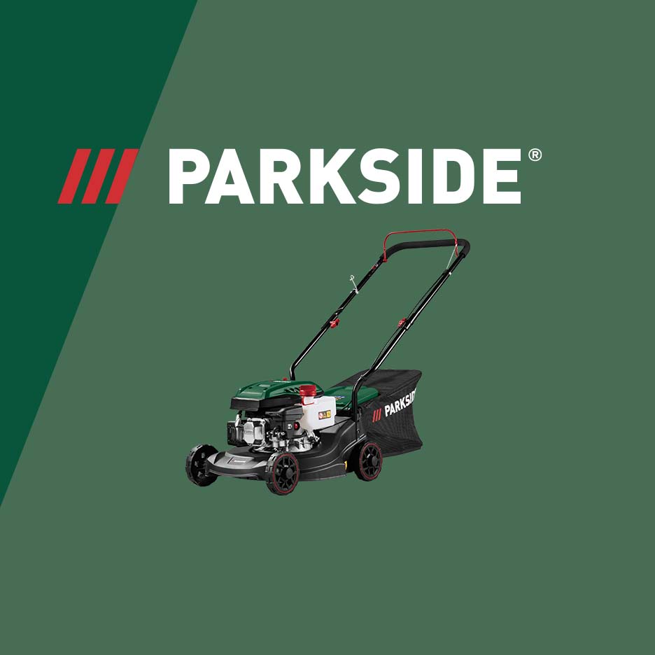 Green and black lawnmower with a grass collection bag on a green background with a logo.