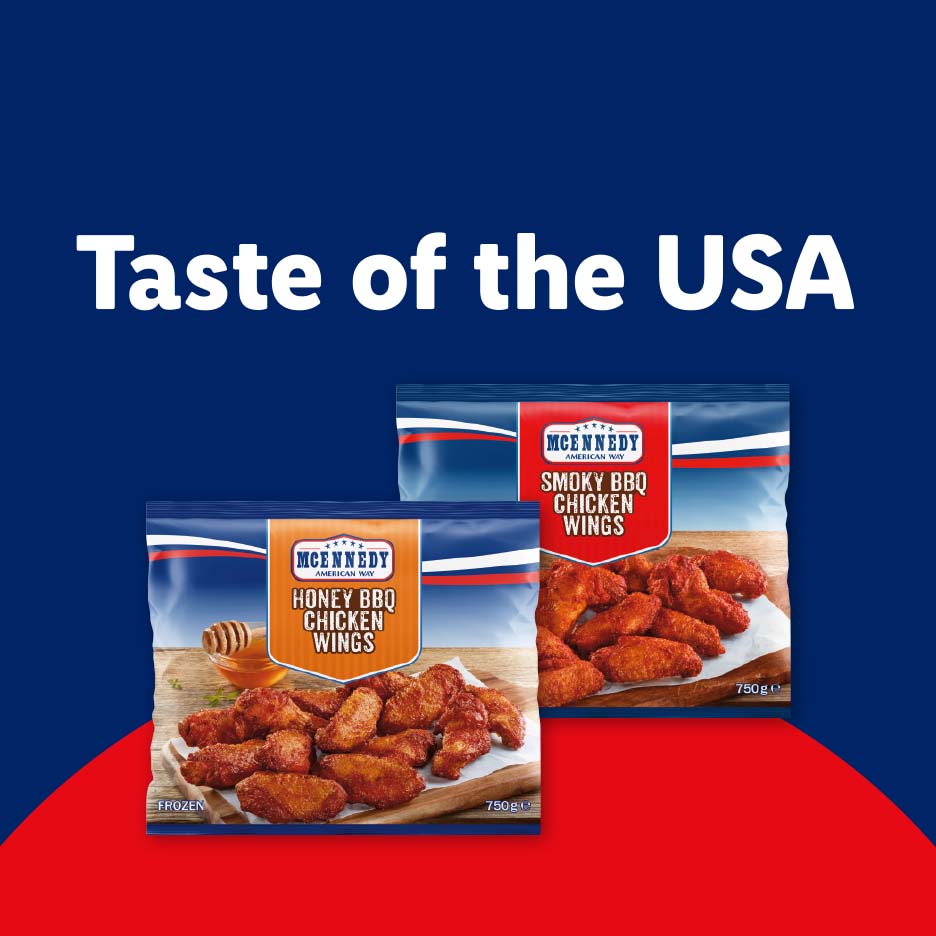 Two bags of frozen chicken wings, honey BBQ and smoky BBQ flavors, with text 'Taste of the USA'.