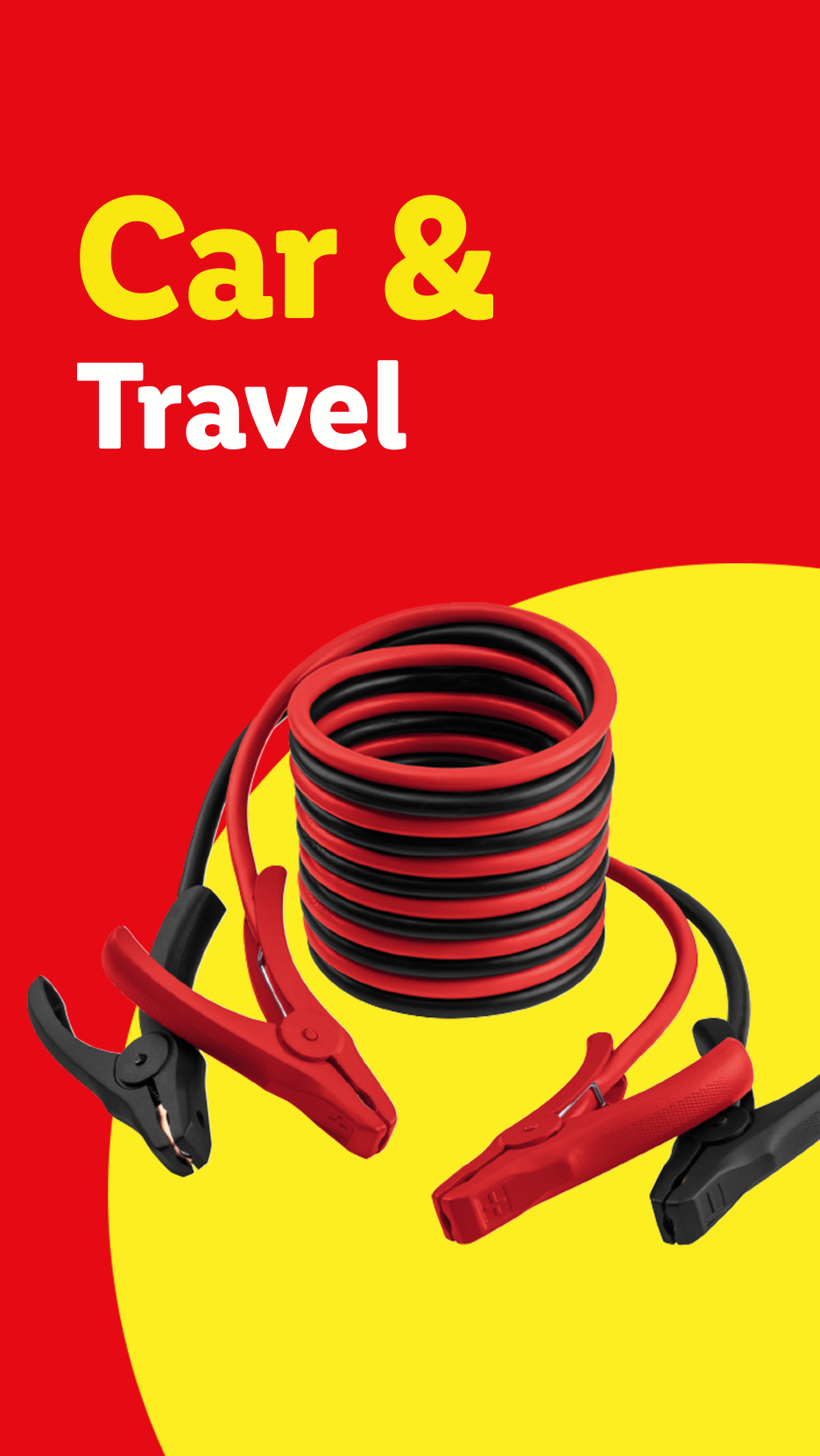 Car & Travel: Red and black jumper cables on a red and yellow background.