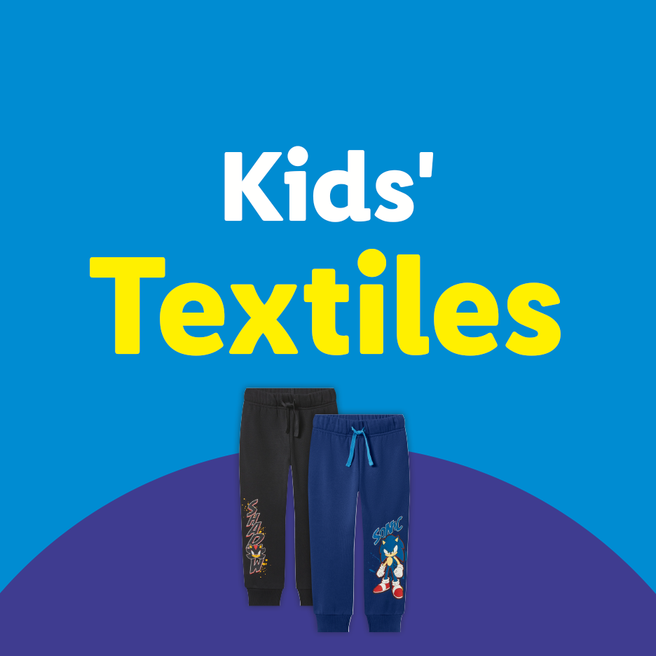 Kids' Textiles: Black and blue joggers with Sonic the Hedgehog and Shadow designs.