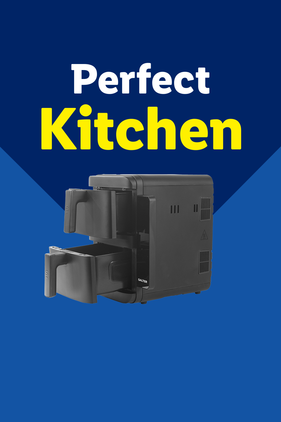 Salter dual air fryer with text 'Perfect Kitchen' on a blue background.