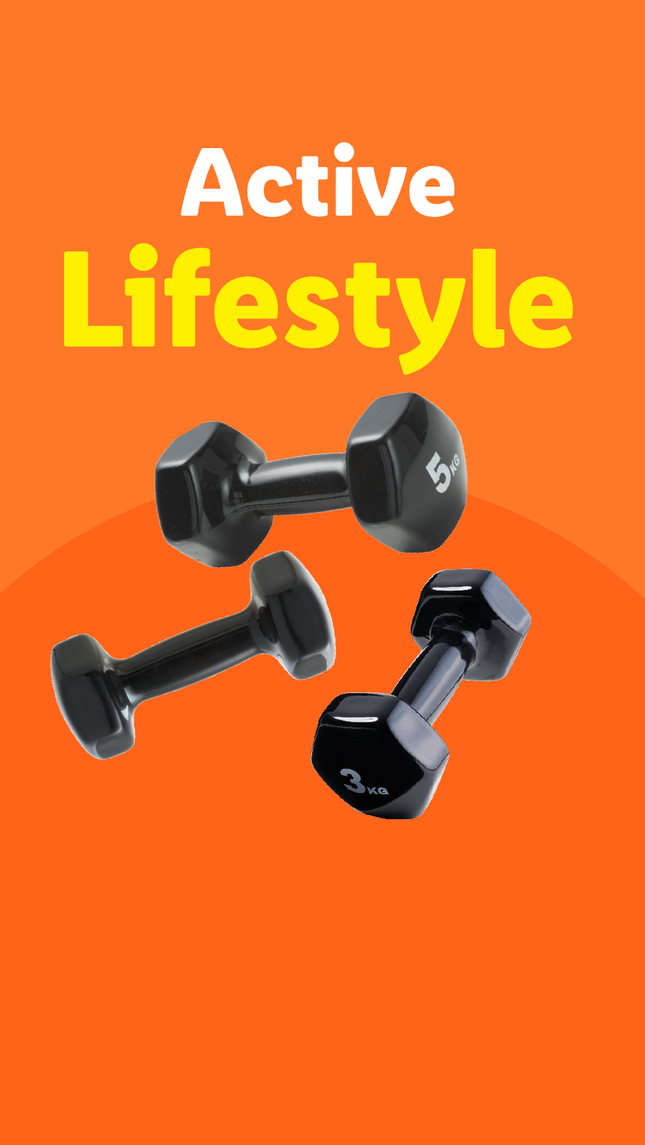 Black dumbbells (3kg and 5kg) on an orange background with 'Active Lifestyle' text.