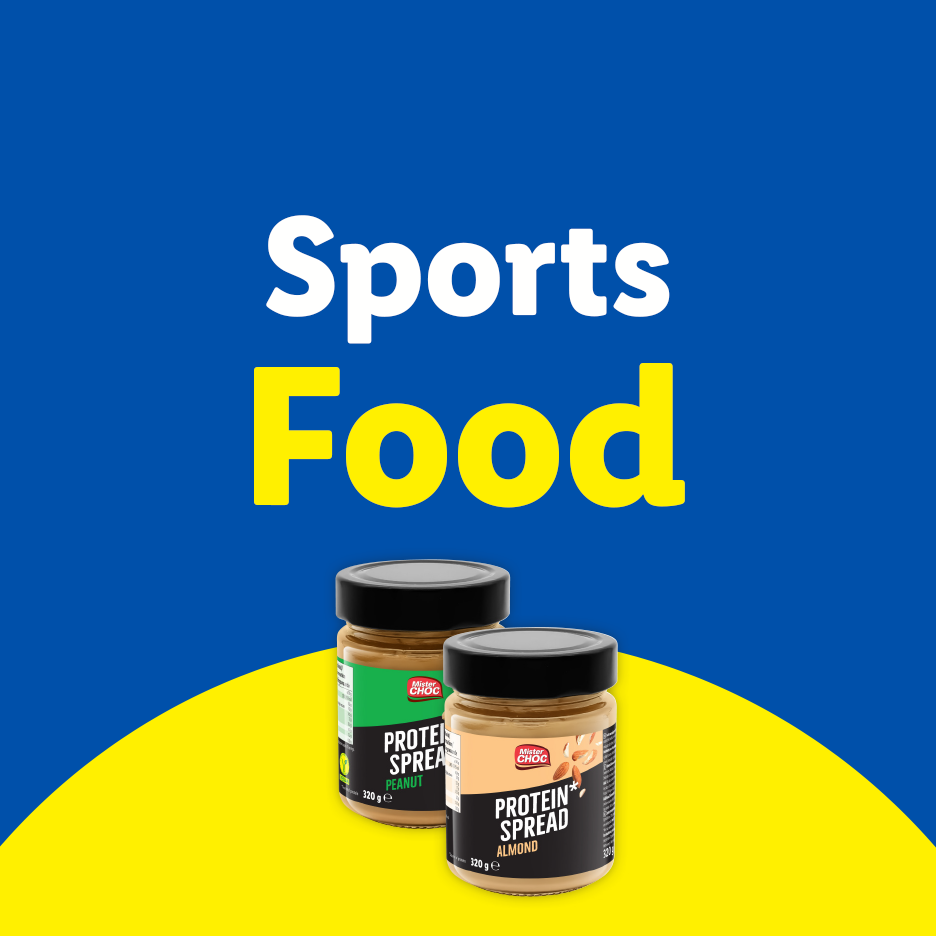 Mister Choc Protein Spreads in peanut and almond flavors, against a blue and yellow background.
