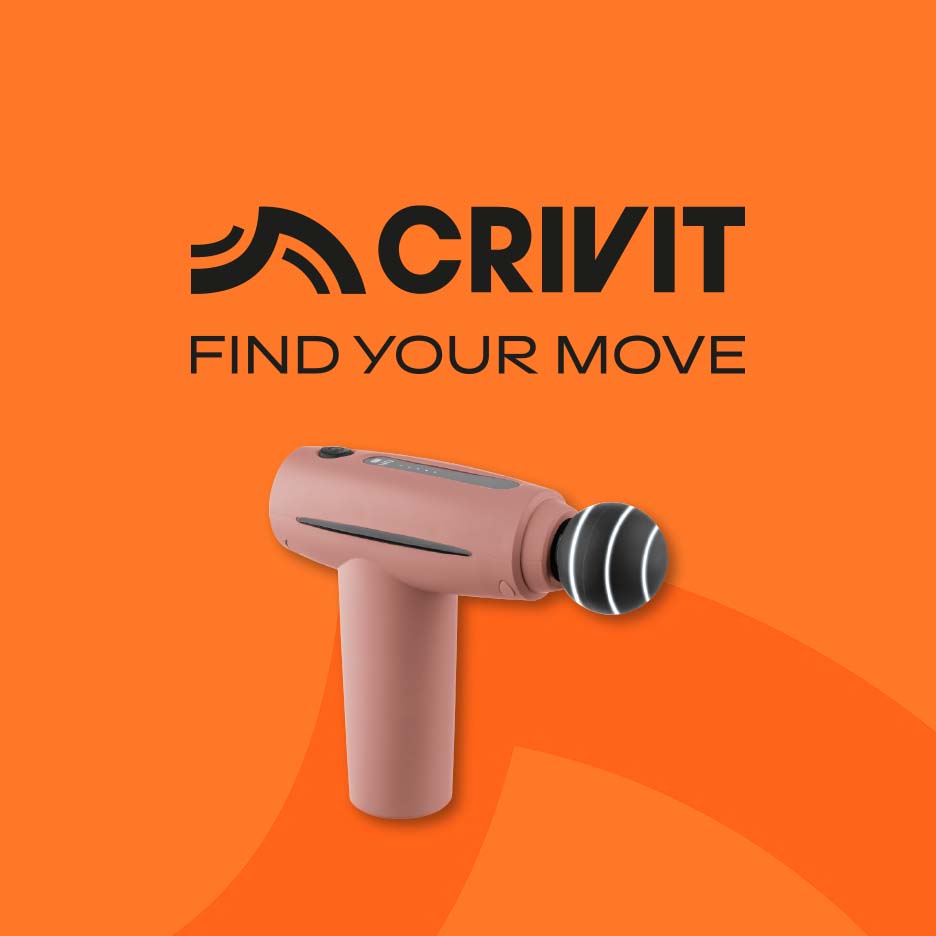 Pink massage gun on an orange background with the text 'FIND YOUR MOVE'.