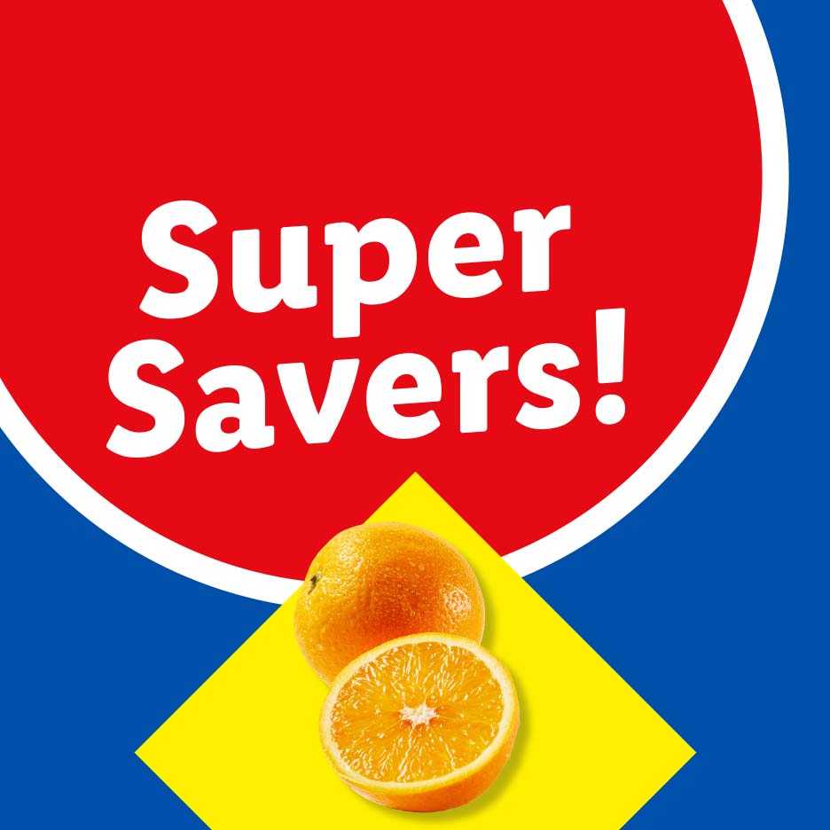 Super Savers! text on a red circle with oranges on a yellow and blue background.