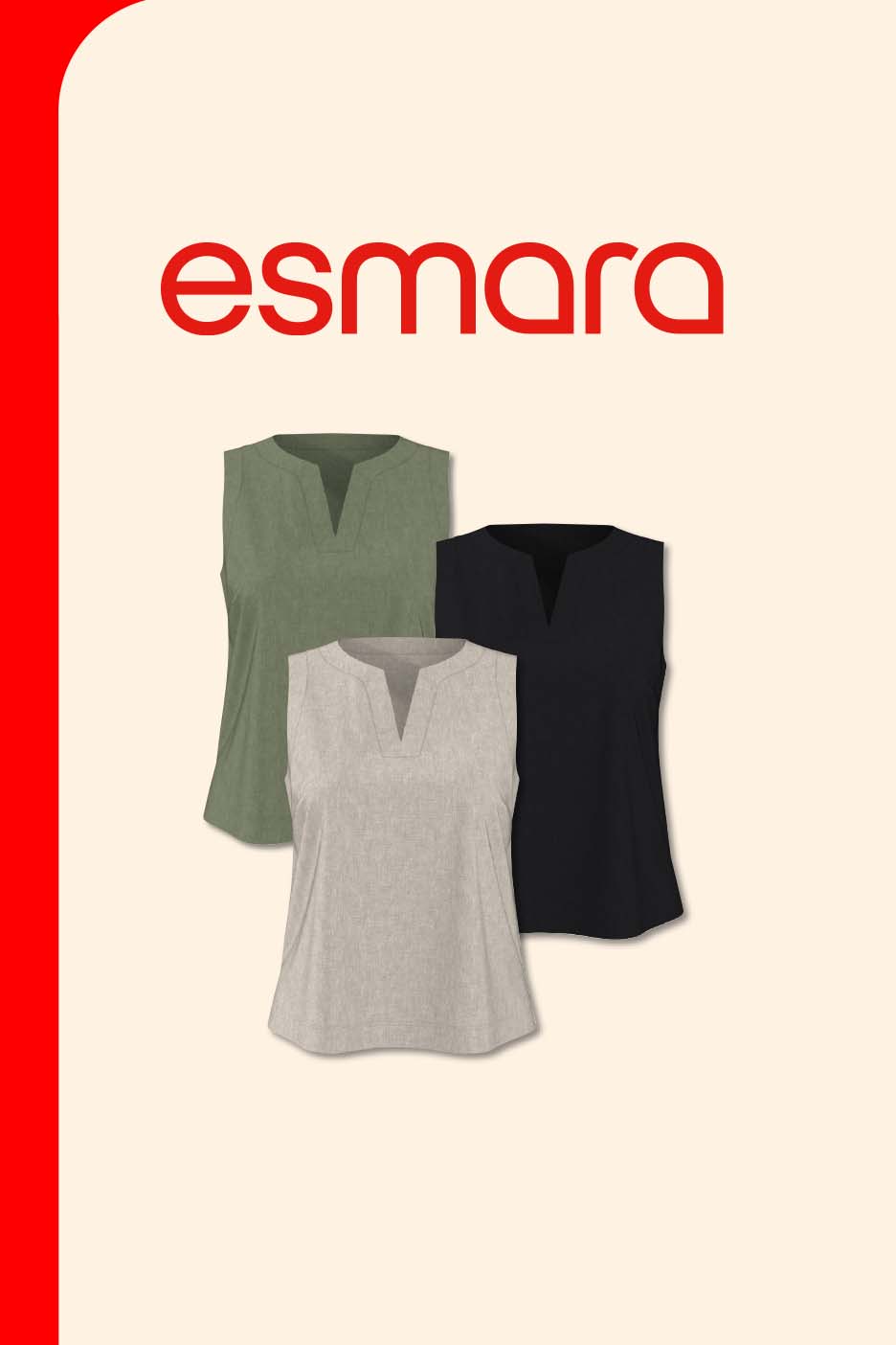 Three sleeveless V-neck tops in olive green, light grey, and black.