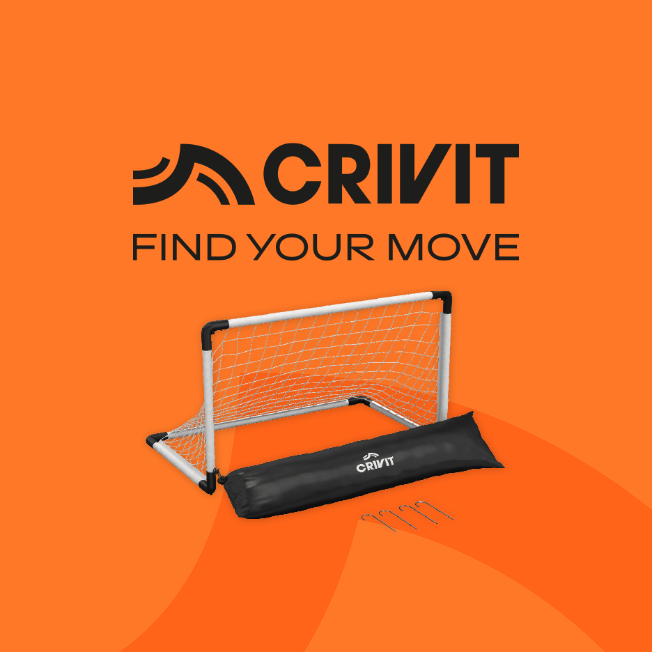 Portable football goal with a carrying bag and ground stakes on an orange background with text 'FIND YOUR MOVE'.