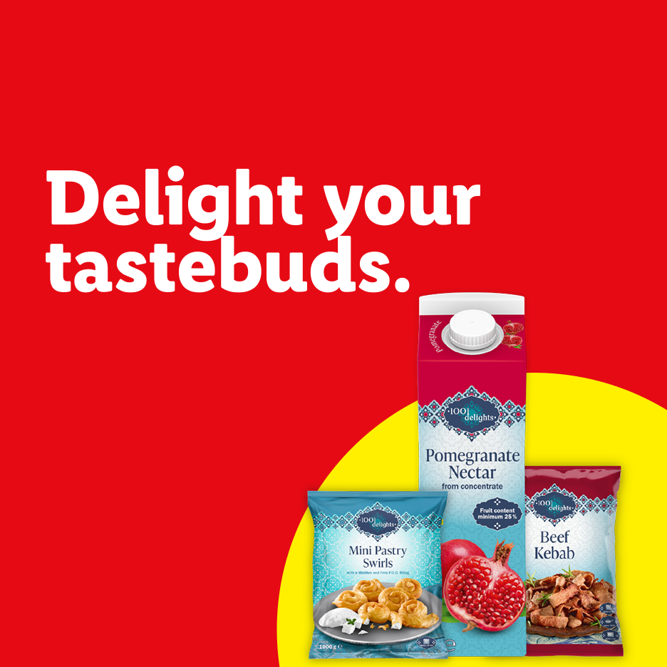 Pomegranate nectar, mini pastry swirls, and beef kebab with text: 'Delight your tastebuds.'
