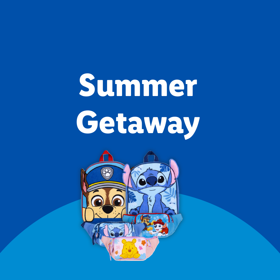 Summer Getaway: Children's character backpacks and fanny packs featuring a blue dog, a blue alien, and Winnie the Pooh.