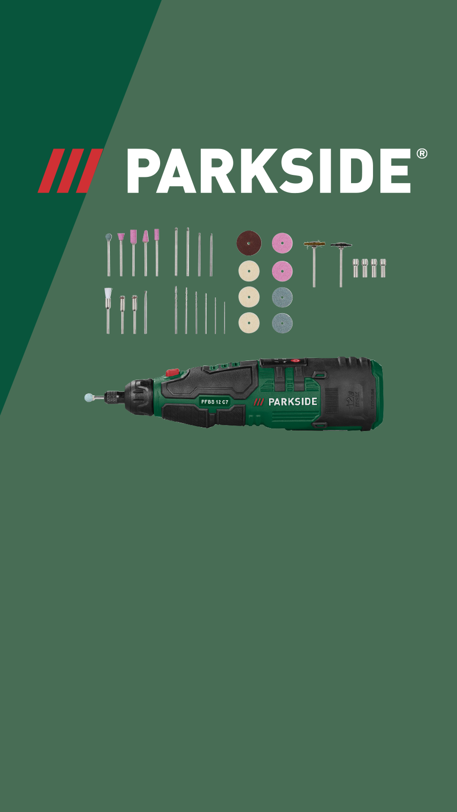 Green rotary tool with various accessories including grinding stones, cutting discs, and drill bits.