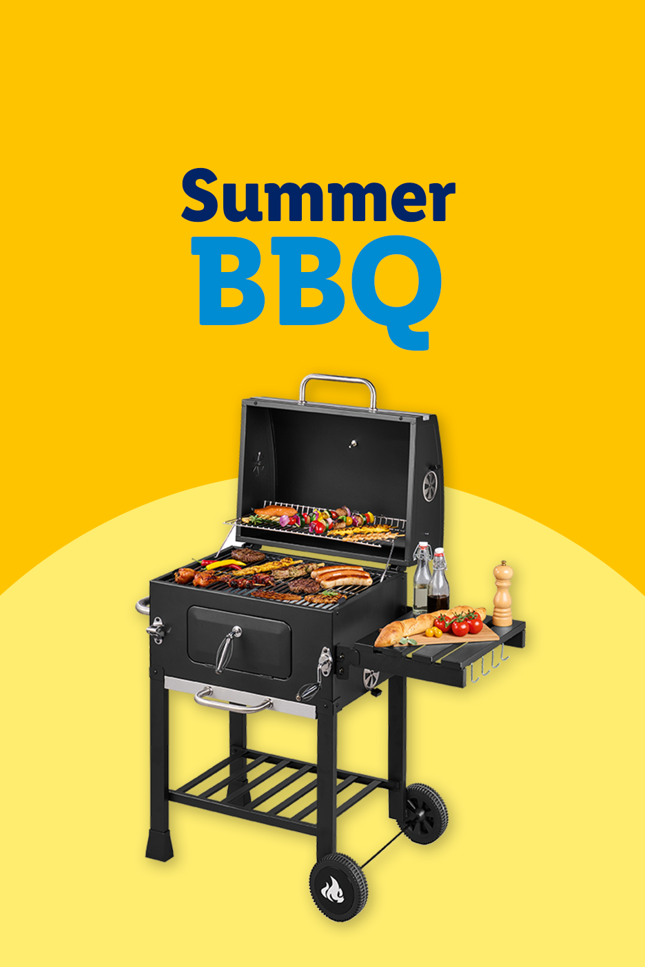 Summer BBQ with a black charcoal grill cooking various meats and vegetables.