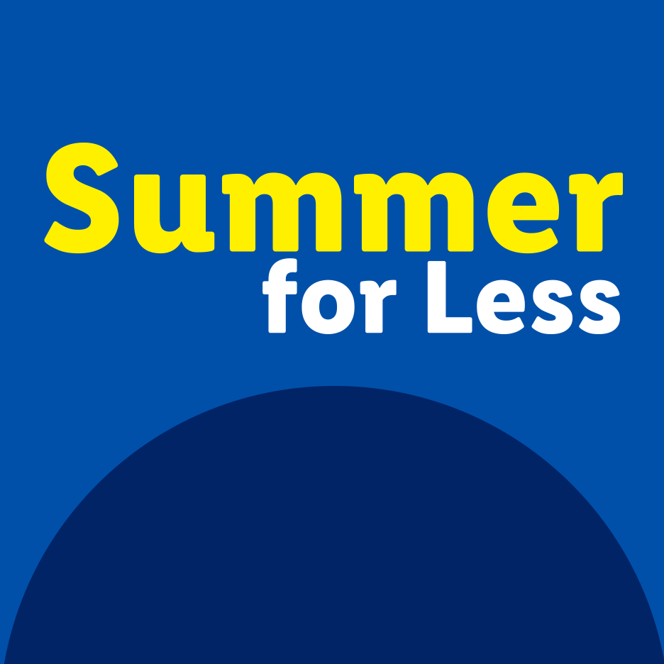 Yellow text 'Summer' and white text 'for Less' on a blue background with a dark blue curve.