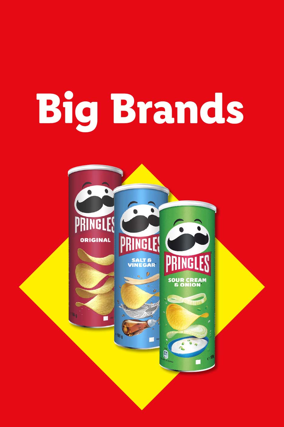Three cans of potato chips in original, salt & vinegar, and sour cream & onion flavors, with 'Big Brands' text.