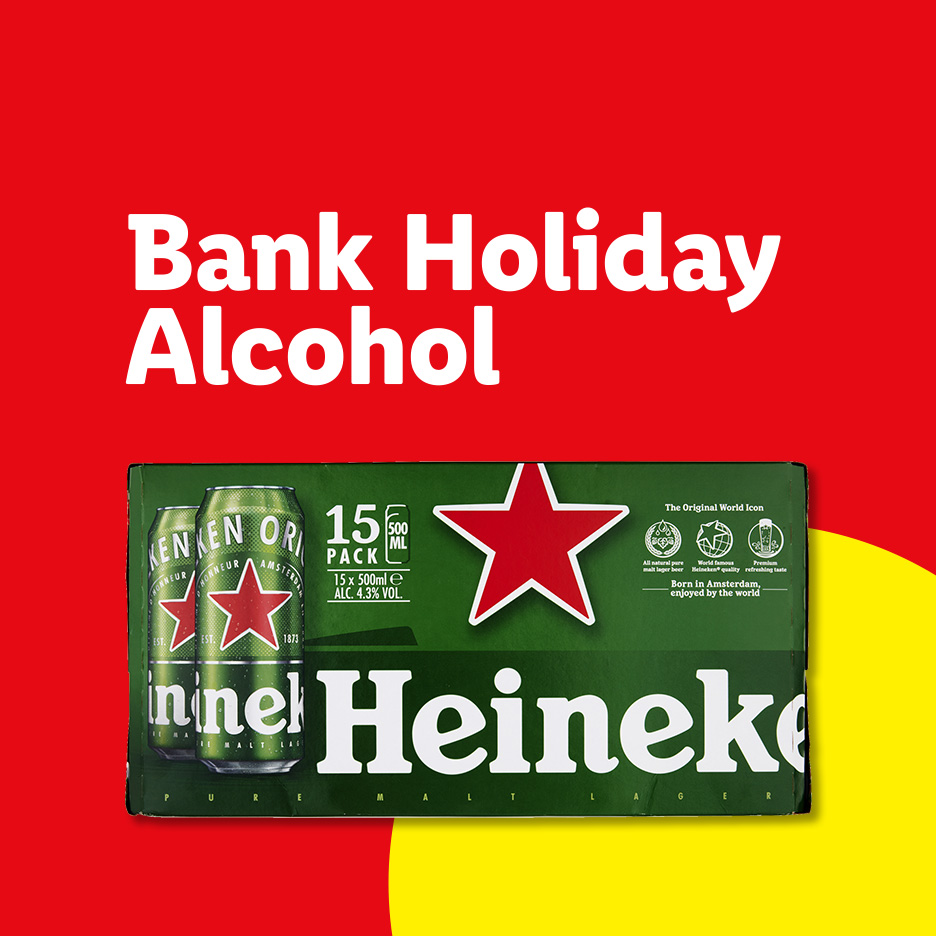 A 15-pack of beer cans with text 'Bank Holiday Alcohol' on a red background.