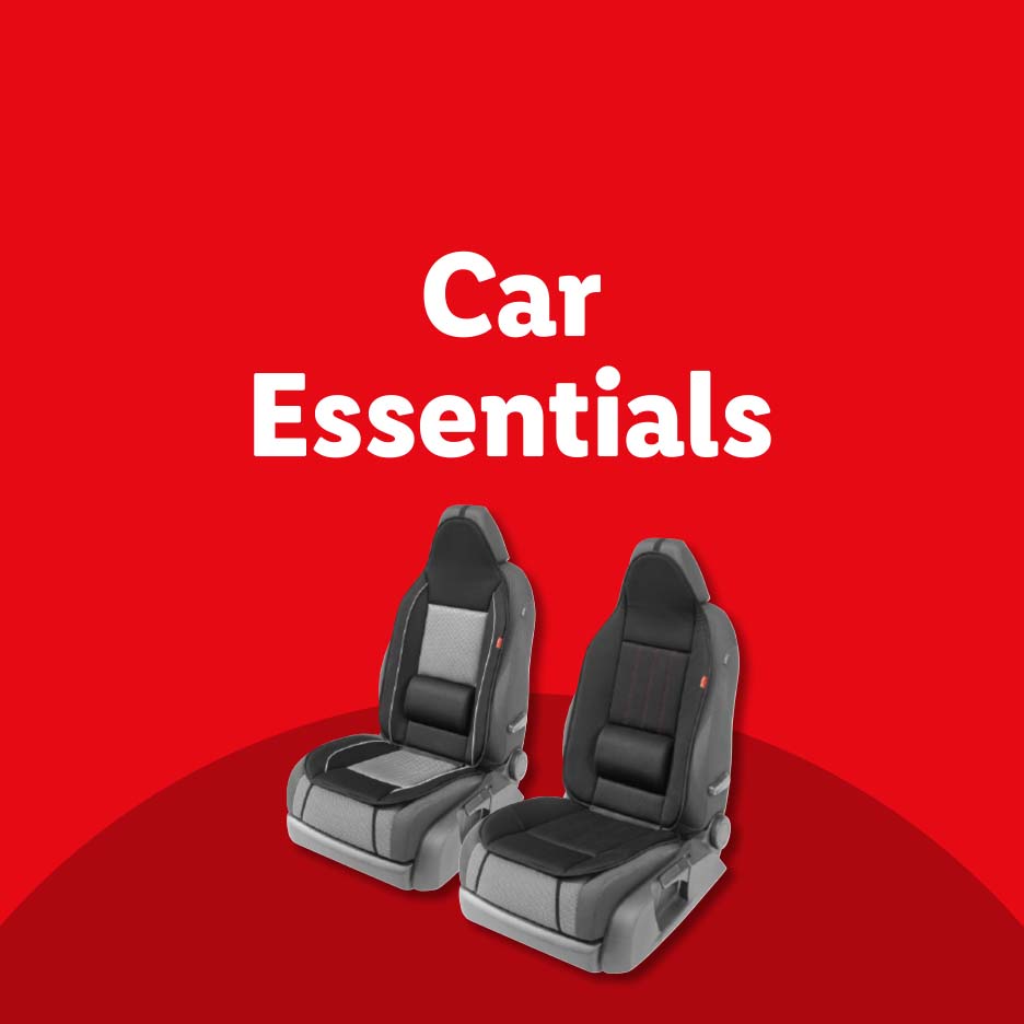 Two car seat covers on a red background with text 'Car Essentials'.
