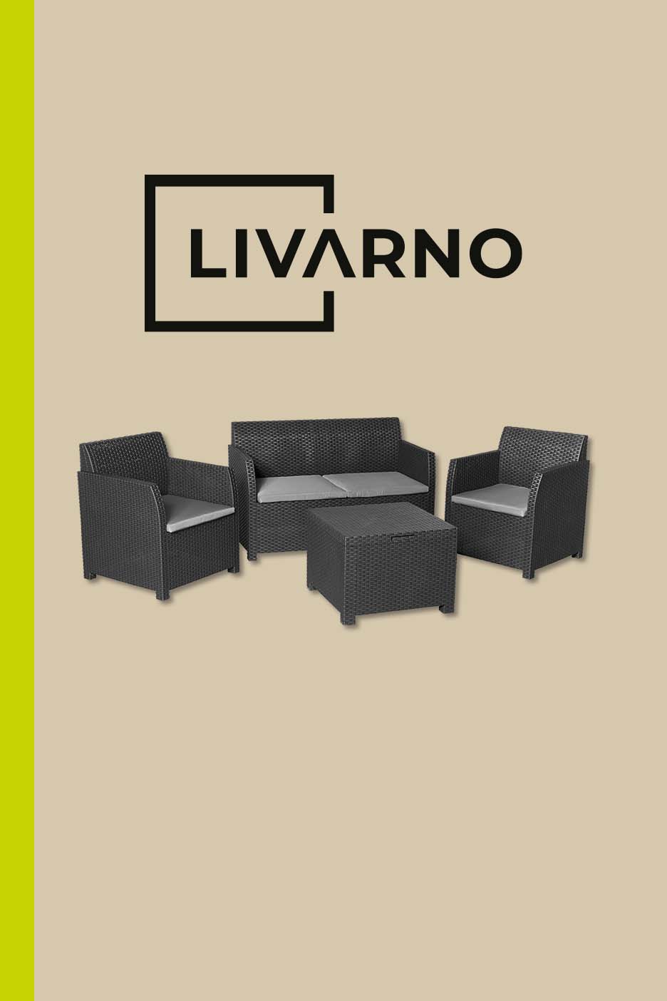 Outdoor furniture set with two armchairs, a two-seater sofa, and a coffee table, all in dark grey wicker with light grey cushions, on a beige background with a green stripe.