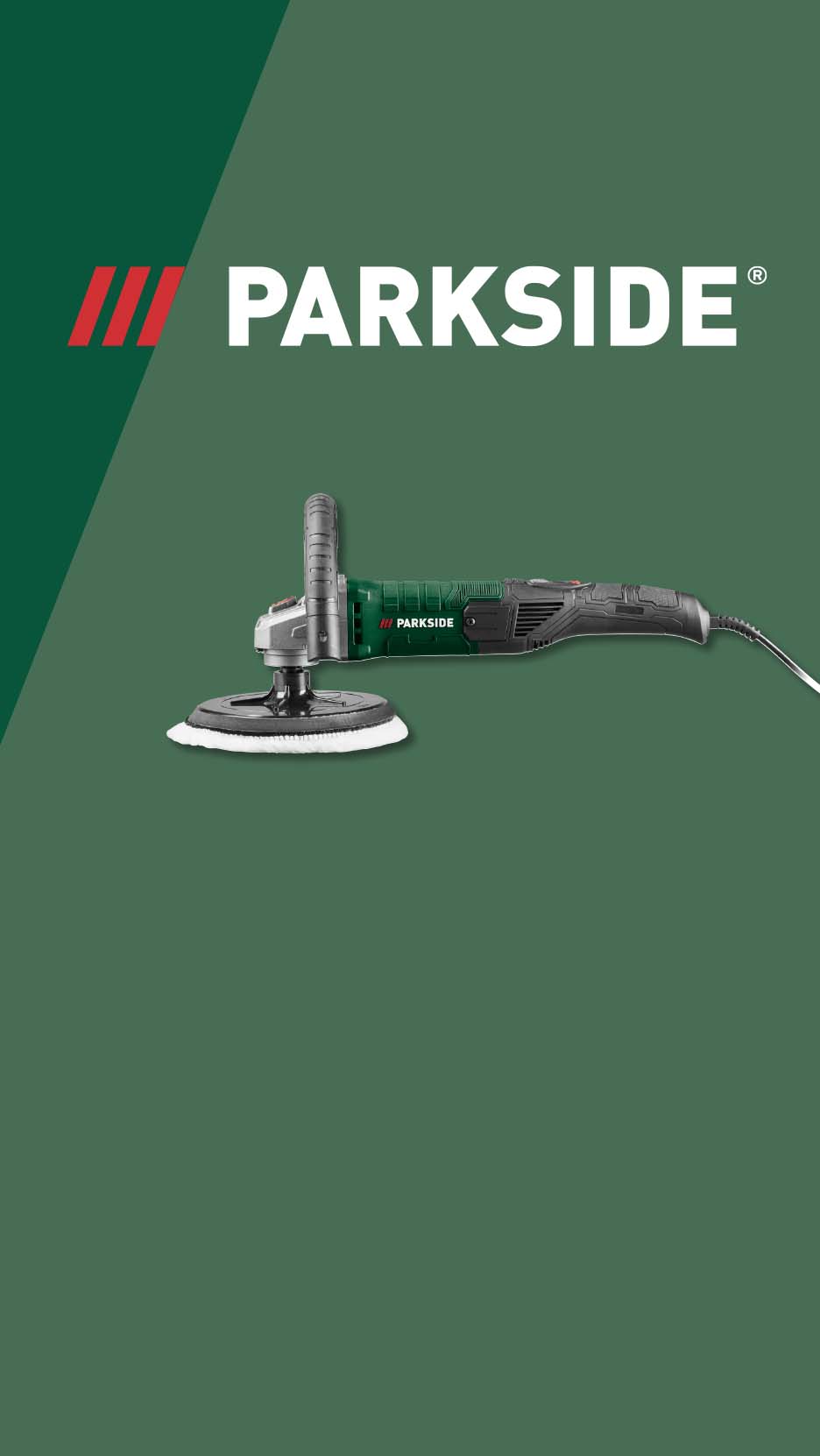 Green and dark gray angle grinder with a polishing pad on a green background.