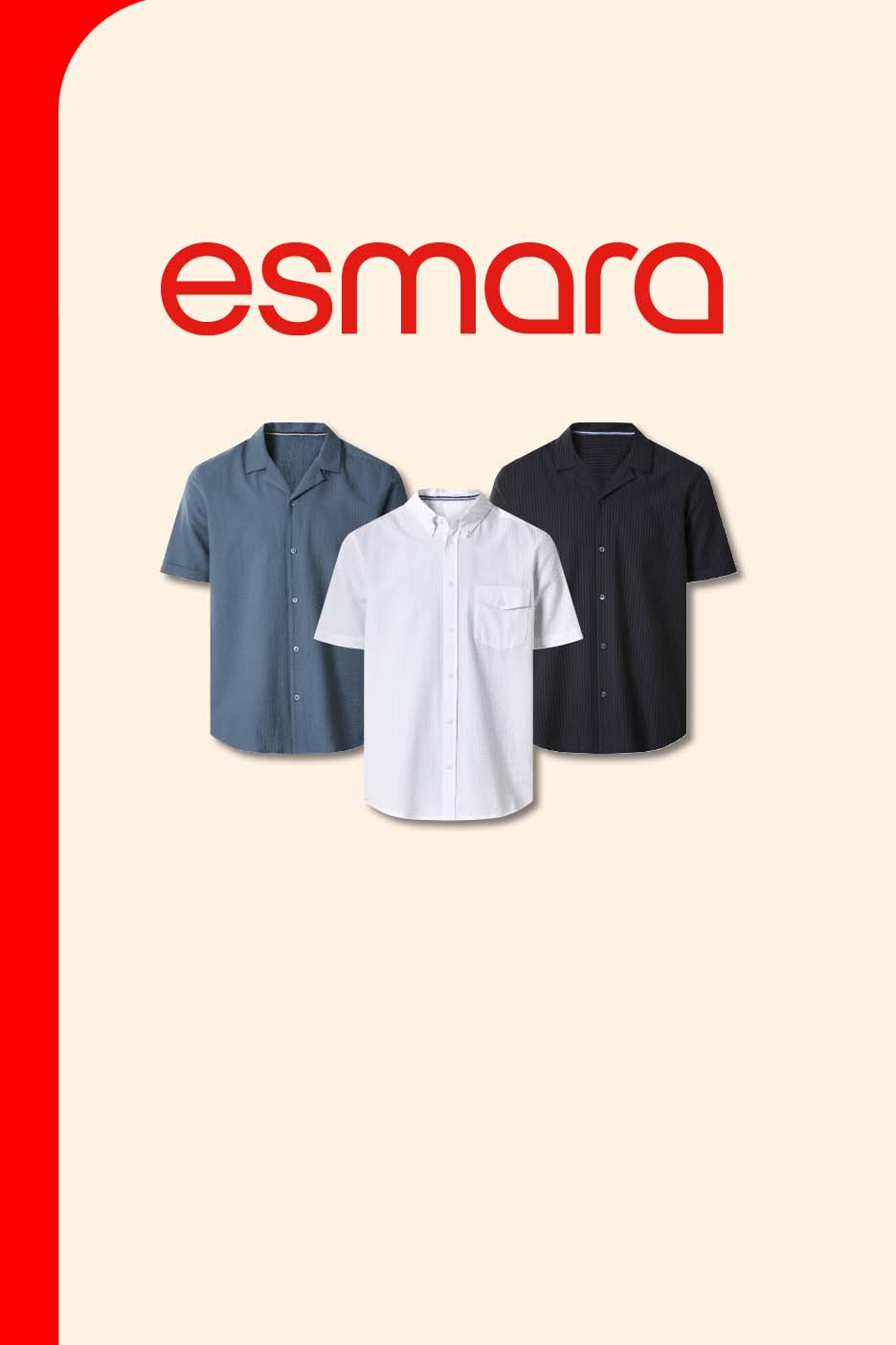 Three men's short-sleeved shirts in blue, white, and black, displayed on a light background.