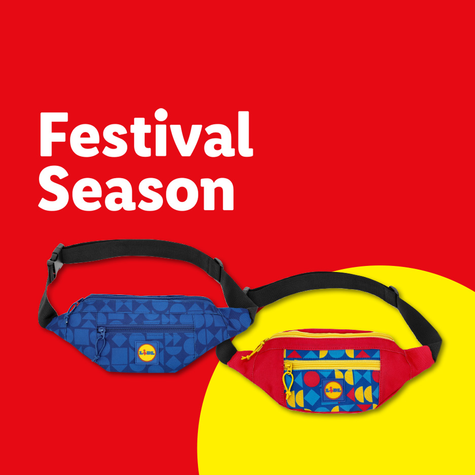 Two fanny packs, one blue and one red, with geometric patterns, for festival season.