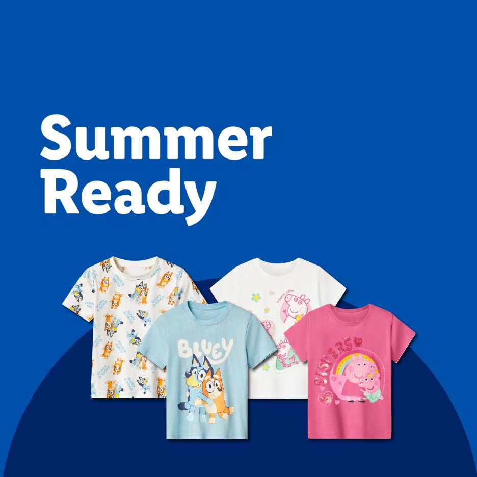 Four children's t-shirts with cartoon characters on a blue background, text reads 'Summer Ready'