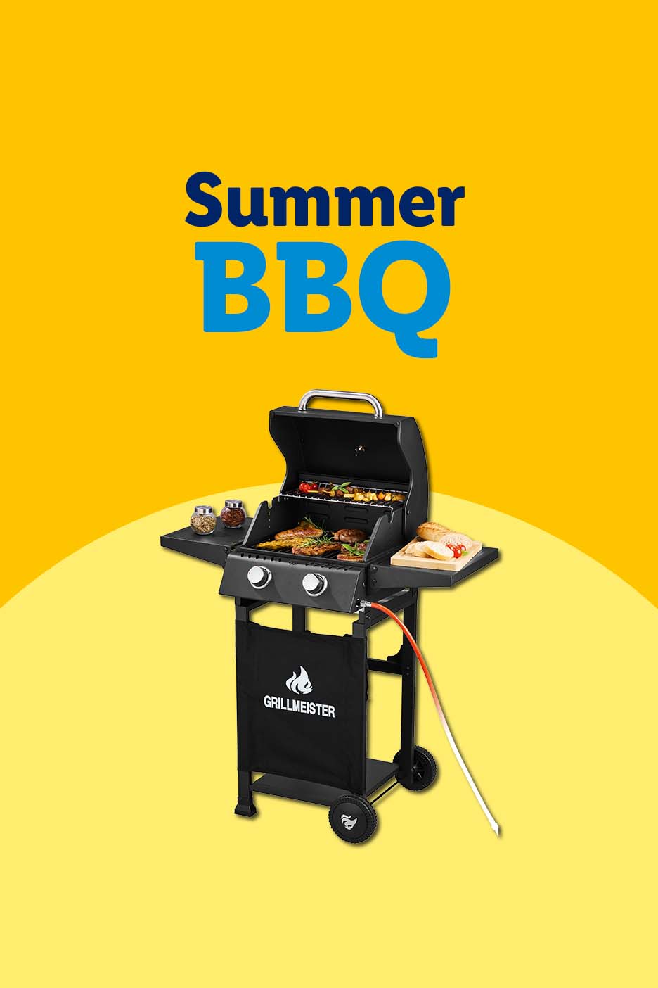 A black gas grill with food cooking on it, with 'Summer BBQ' text on a yellow background.
