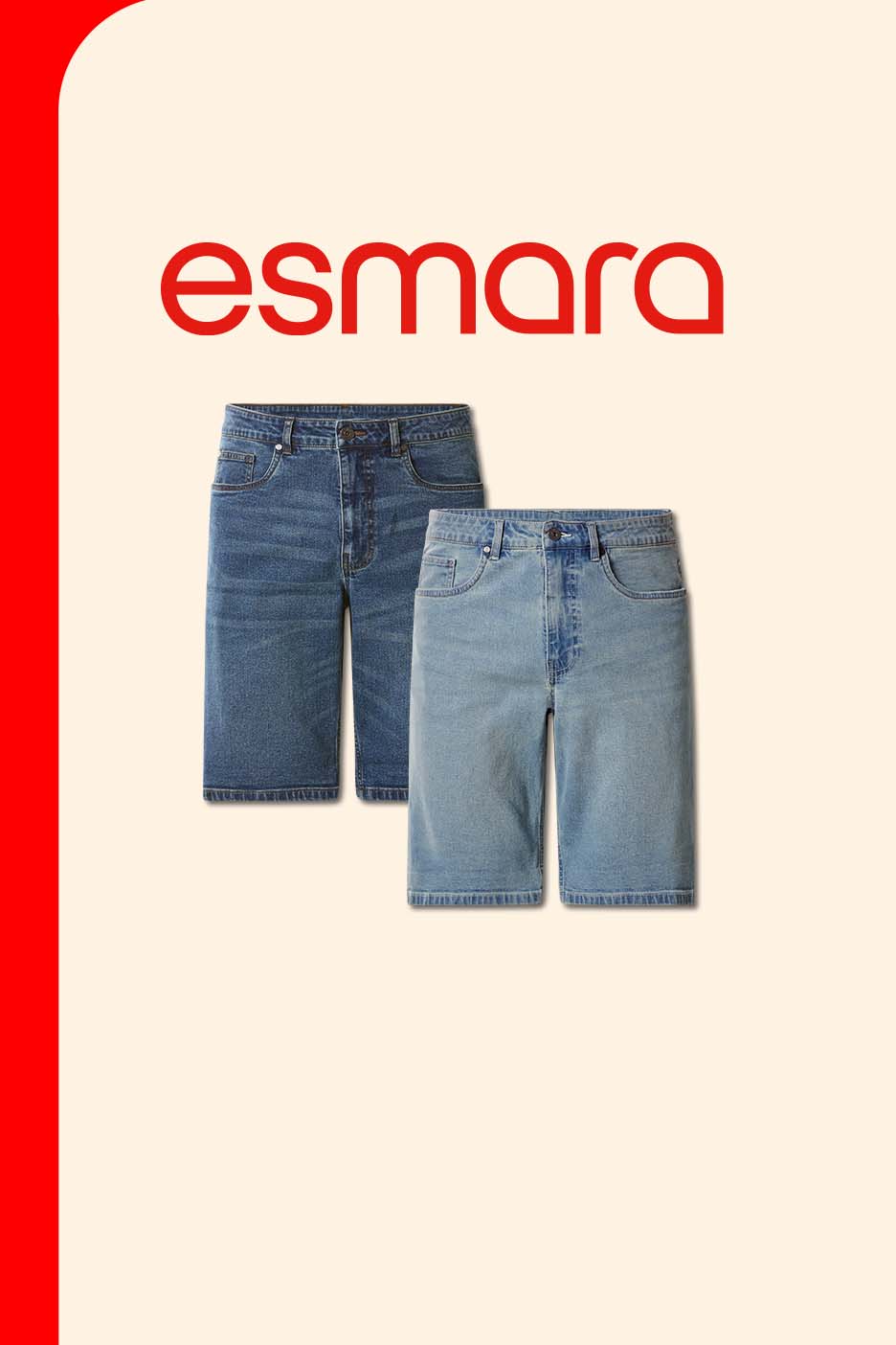 Two pairs of denim shorts in different shades of blue, one dark and one light.
