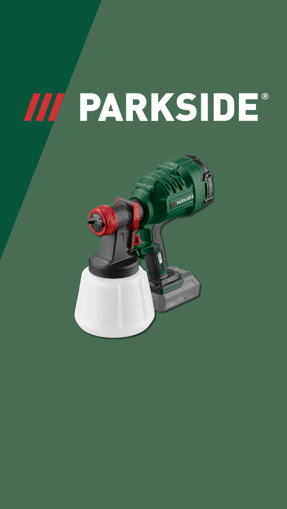 Cordless paint spray gun with a white container on a green background.