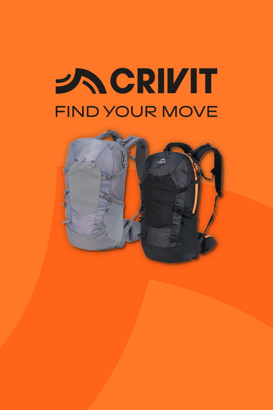 Two hiking backpacks, one grey and one black with orange accents, on an orange background with text.