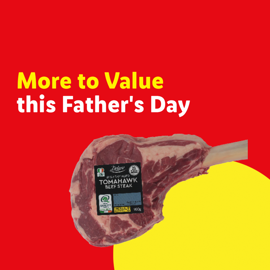 A tomahawk beef steak with text 'More to Value this Father's Day' on a red and yellow background.