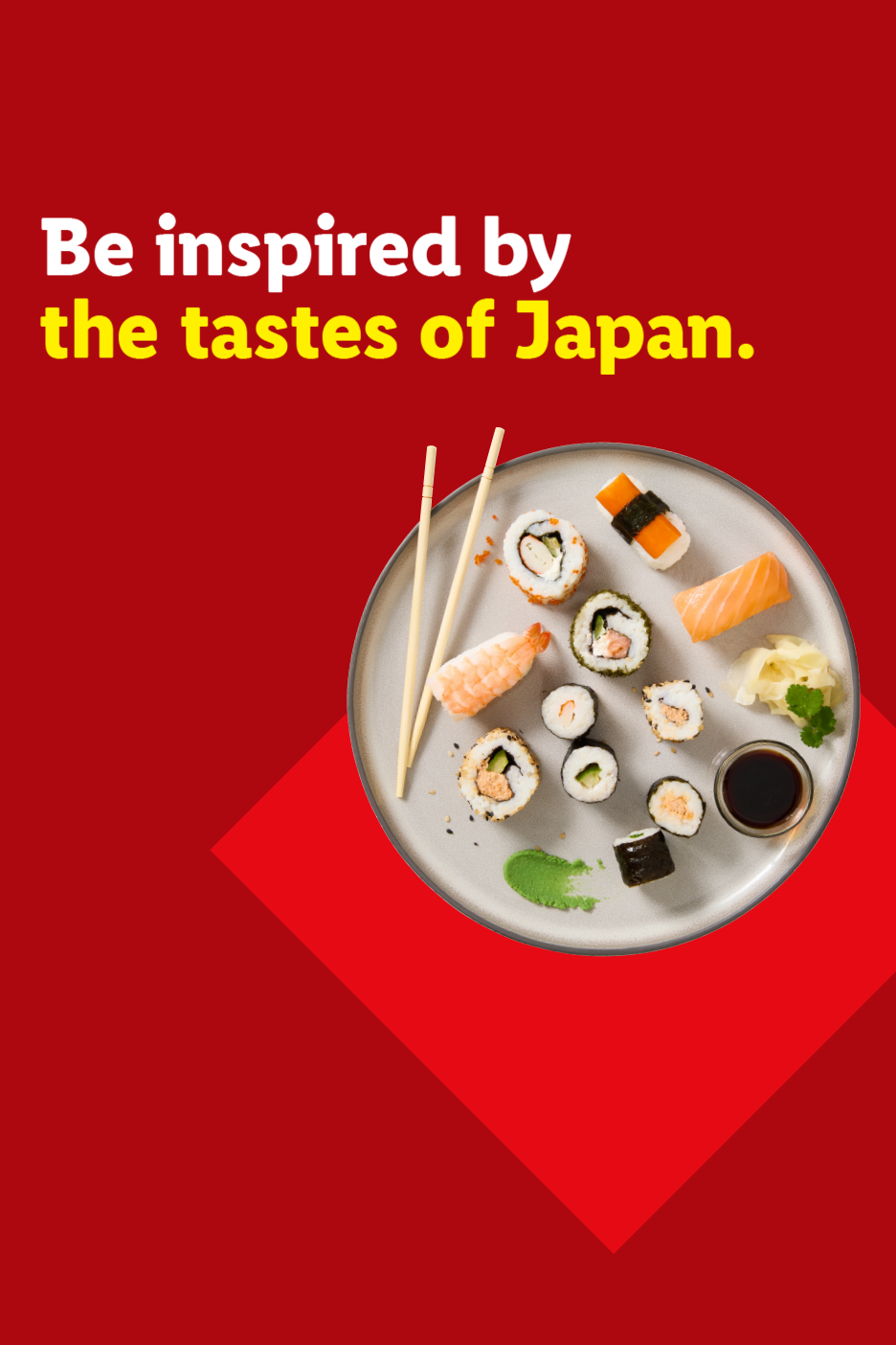 Sushi platter with various rolls, sashimi, and chopsticks on a red background with text.