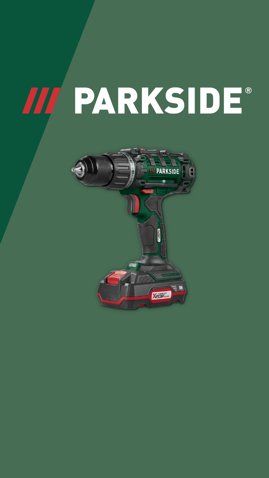 Cordless drill with a battery pack on a green background with a diagonal color split.