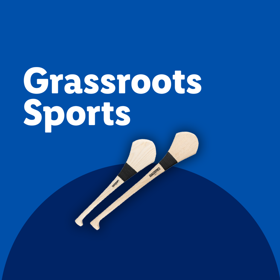 Grassroots Sports text with two hurleys on a blue background.