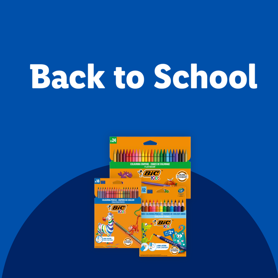 Back to School text with various packs of colouring crayons and pencils.