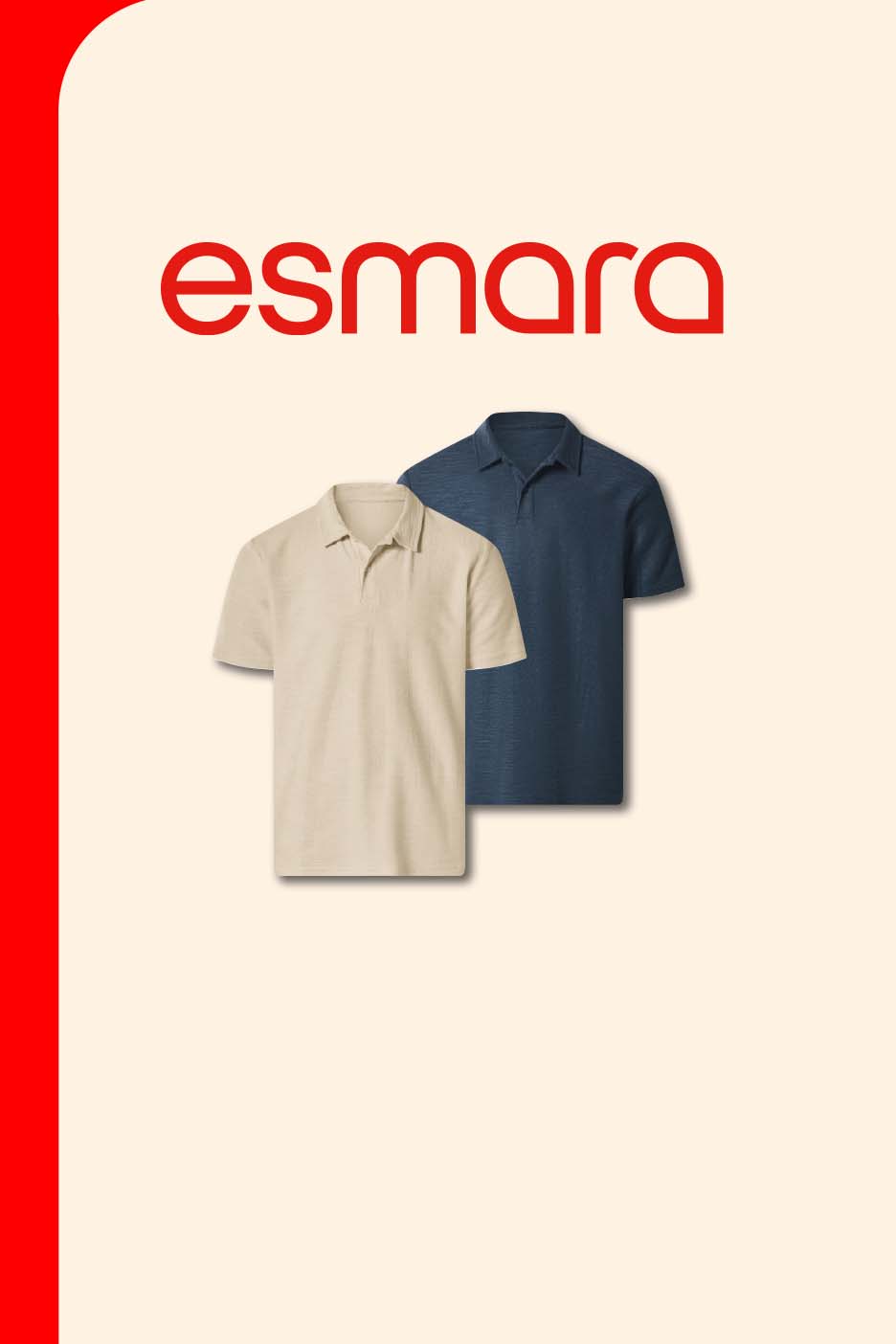 Two men's polo shirts, one beige and one navy blue, on a light background.