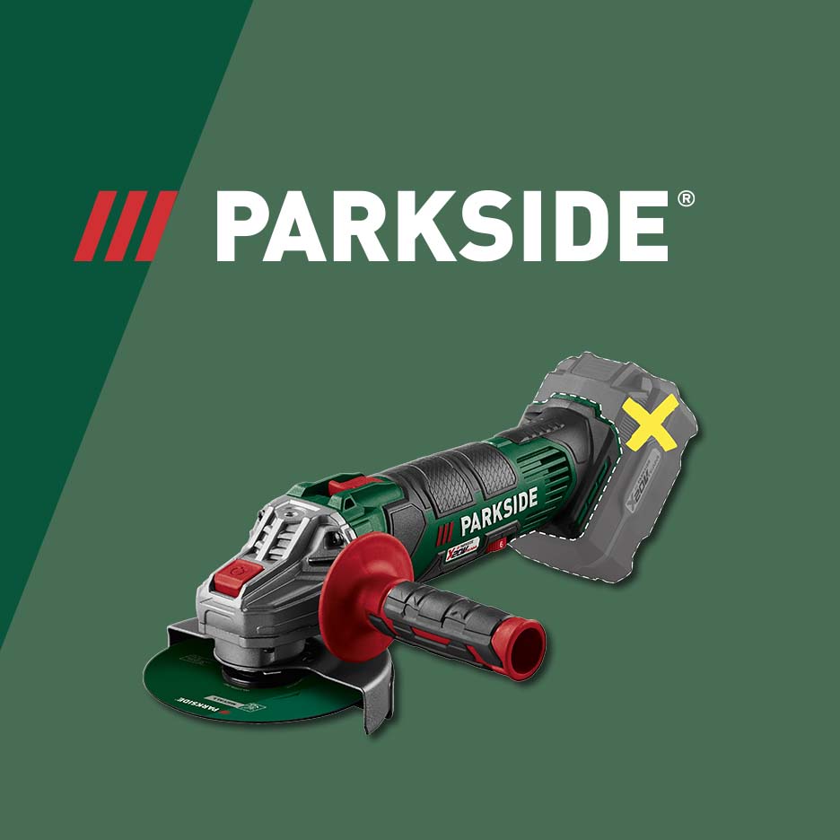 Cordless angle grinder with a side handle and a cutting disc, shown without a battery.