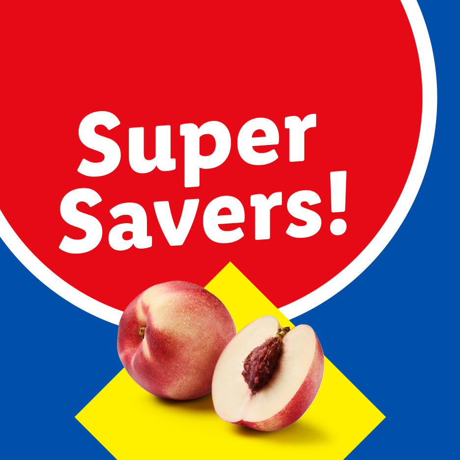 Super Savers! text on a red circle, with a whole and halved nectarine on a yellow diamond.