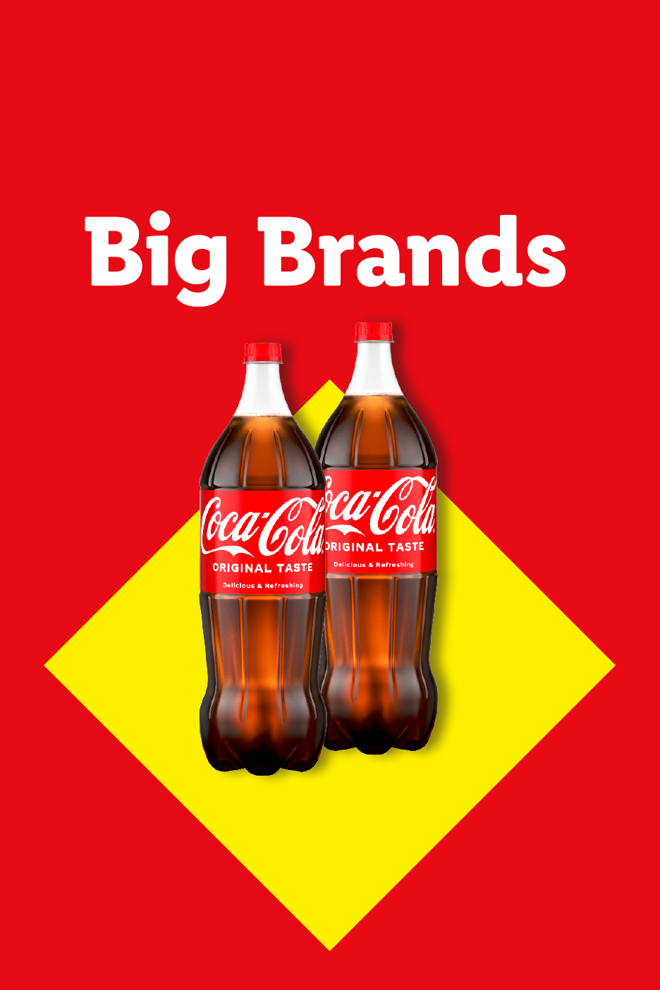 Two cola bottles on a yellow diamond background with the text 'Big Brands'.