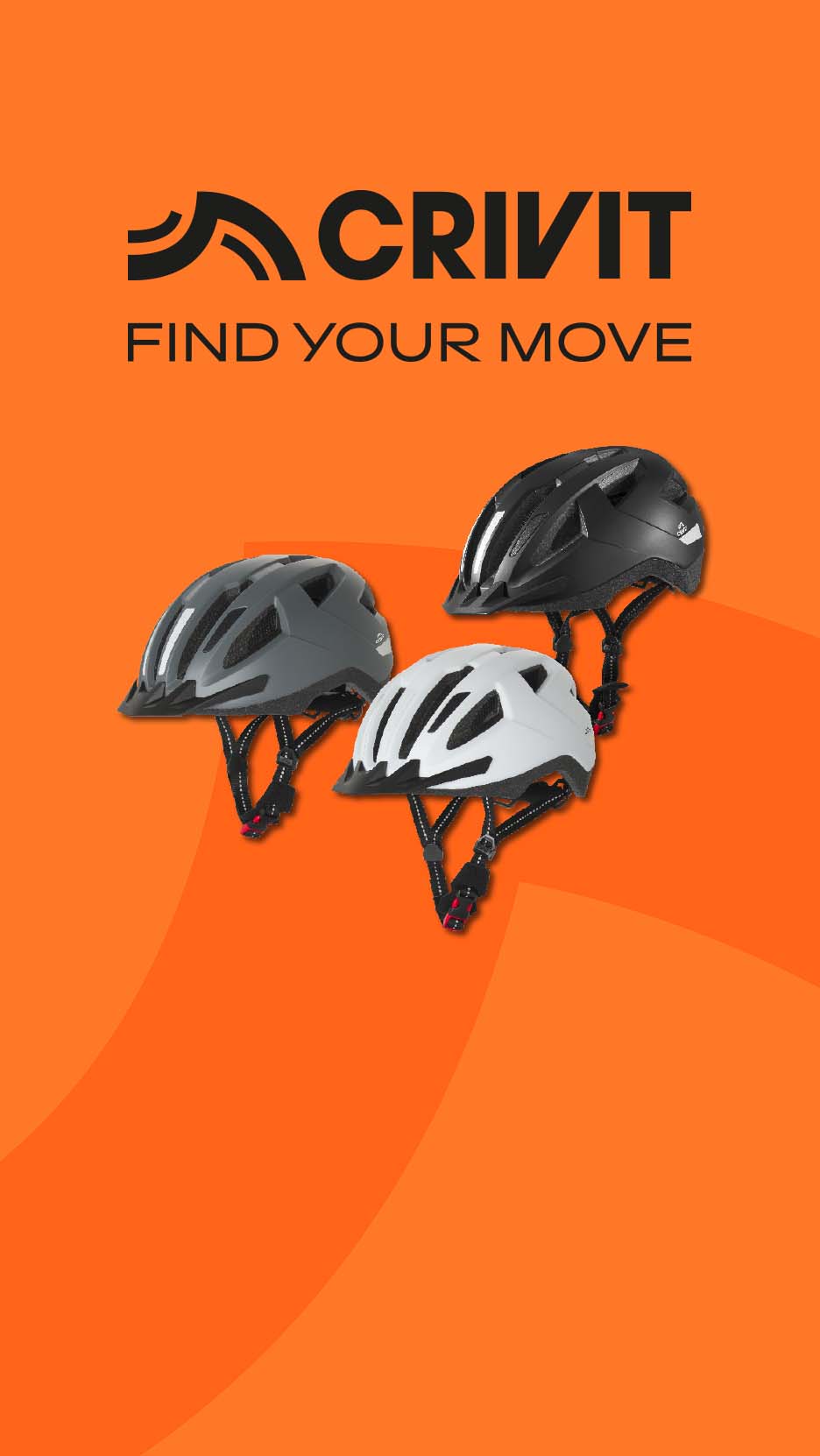 Three bicycle helmets in black, grey, and white on an orange background with text: FIND YOUR MOVE.