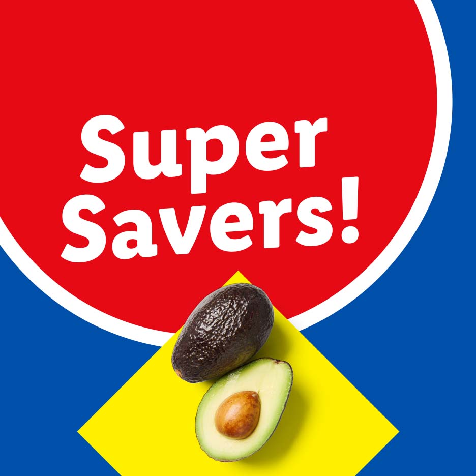 Super Savers! text on red circle with whole and halved avocado on yellow and blue background.
